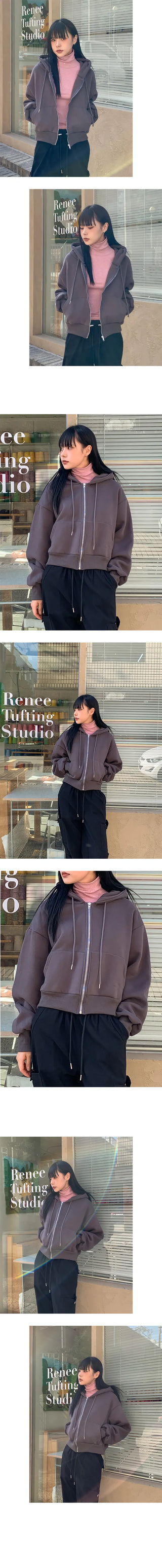 Plain Sheepskin Crop Hooded Zip Up