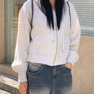 Plain Sheepskin Crop Hooded Zip Up