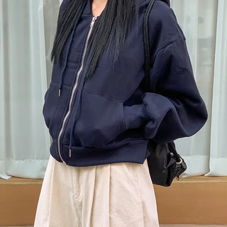 Daily Plain Sheepskin Crop Hooded Zip Up