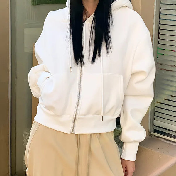 Plain Sheepskin Crop Hooded Zip Up