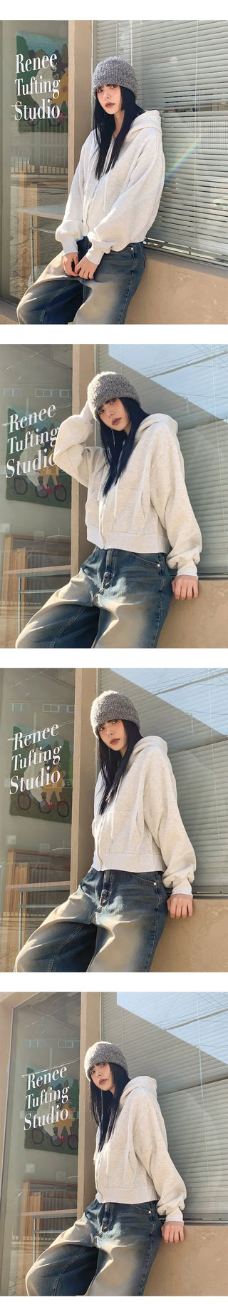 Daily Plain Sheepskin Crop Hooded Zip Up