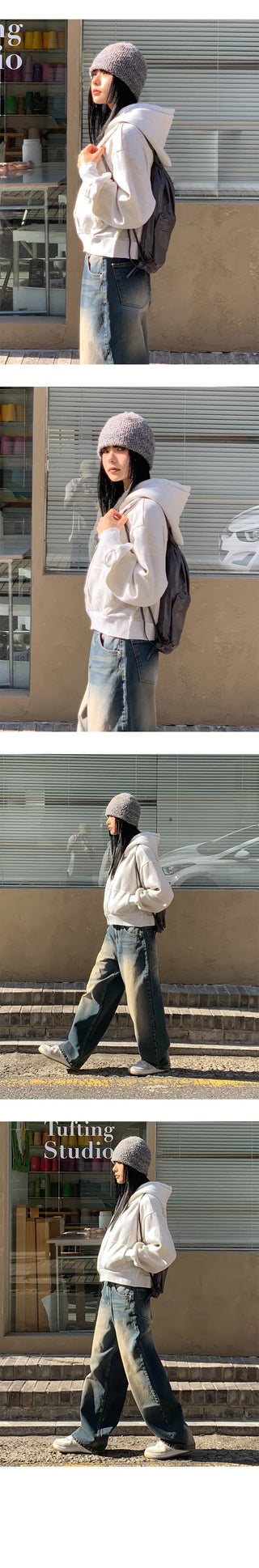 Plain Sheepskin Crop Hooded Zip Up