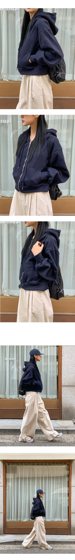 Plain Sheepskin Crop Hooded Zip Up
