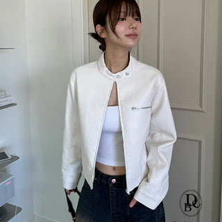 Simple No Collared Rider Leather Jacket
