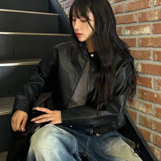 Simple No Collared Rider Leather Jacket
