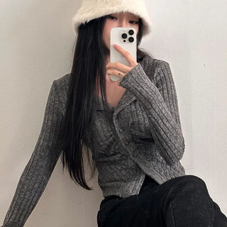 Front Shirring Bone Collar Boddy Cardigan