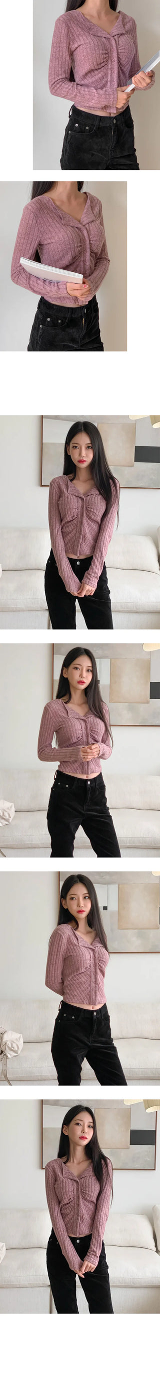 Front Shirring Bone Collar Boddy Cardigan