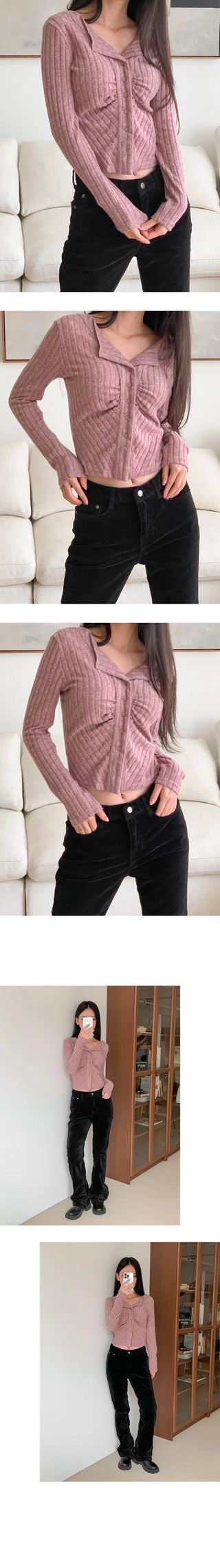 Front Shirring Bone Collar Boddy Cardigan