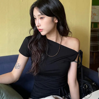 Balletcore Summer Short Sleeve Uneven Ribbon Strap Short Sleeve