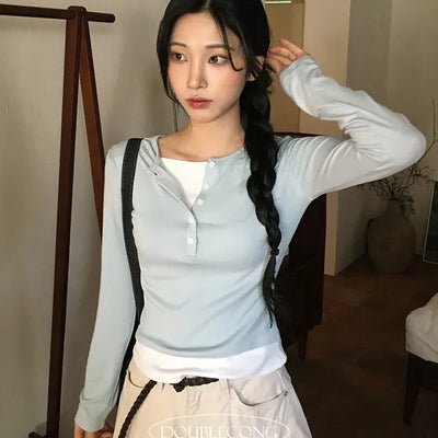 Spring Span Henley Neck Long Sleeve T Shirt