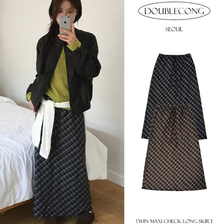 Twin maxi check long skirt