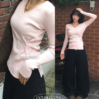 Side Button Ribbed V Neck Knit