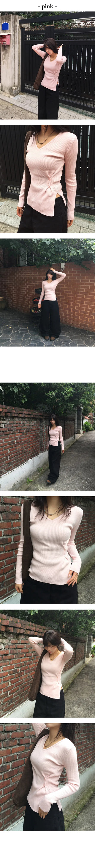 Side Button Ribbed V Neck Knit