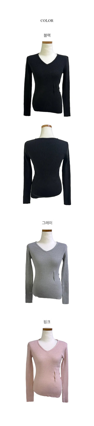 Side Button Ribbed V Neck Knit