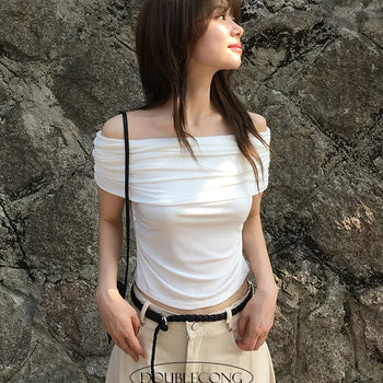 Peach Side Shirring Off Shoulder Short Sleeve