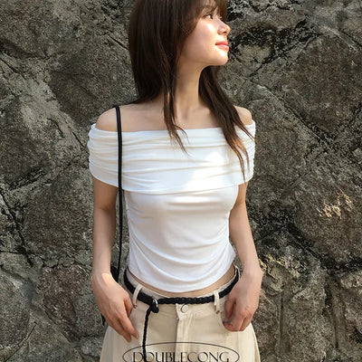 Peach Side Shirring Off Shoulder Short Sleeve