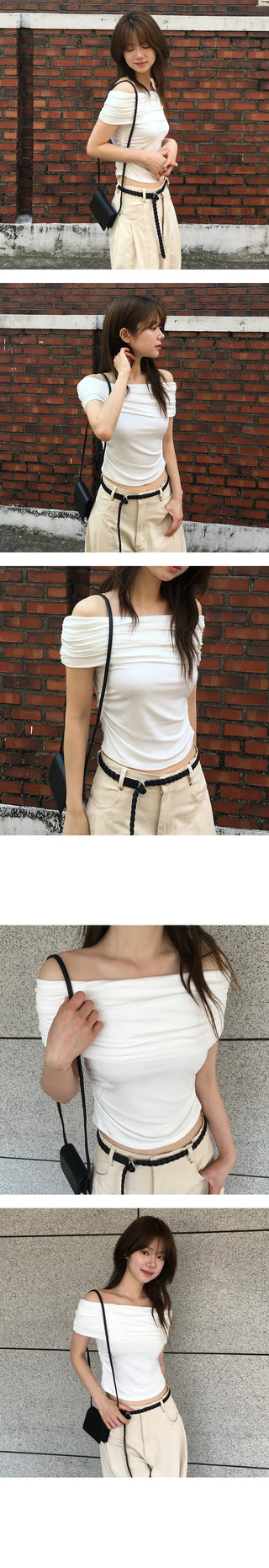 Peach Side Shirring Off Shoulder Short Sleeve