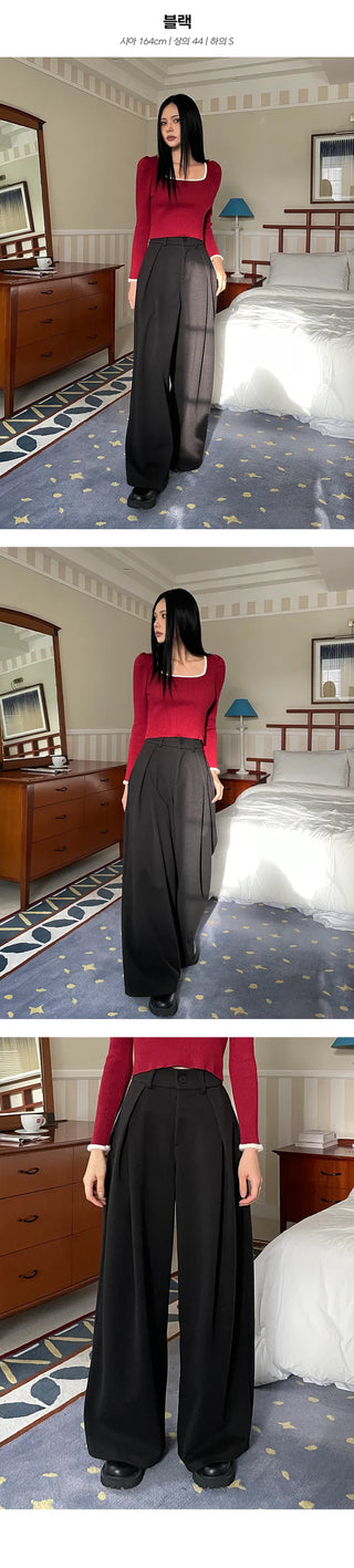 Inner fleece Unique tuck wide slacks