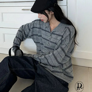 Exy Stripe Button Collar Knit Tee