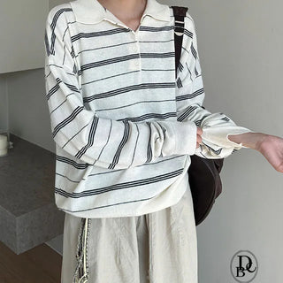 Exy Stripe Button Collar Knit Tee