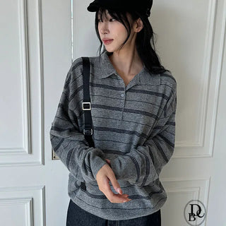Exy Stripe Button Collar Knit Tee