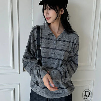 Exy Stripe Button Collar Knit Tee
