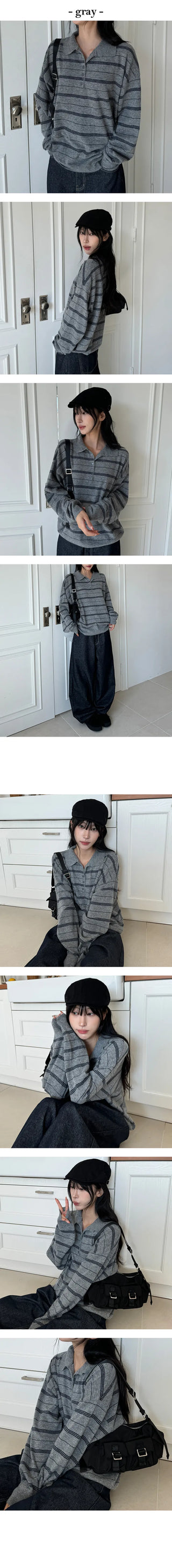 Exy Stripe Button Collar Knit Tee