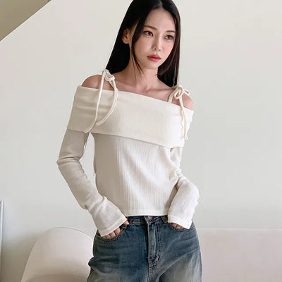 Ribbon tied muted off shoulder long sleeve top