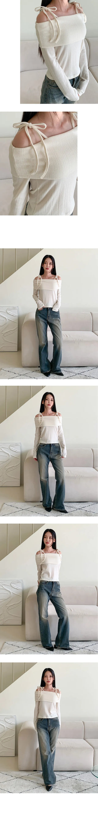 Ribbon tied muted off shoulder long sleeve top