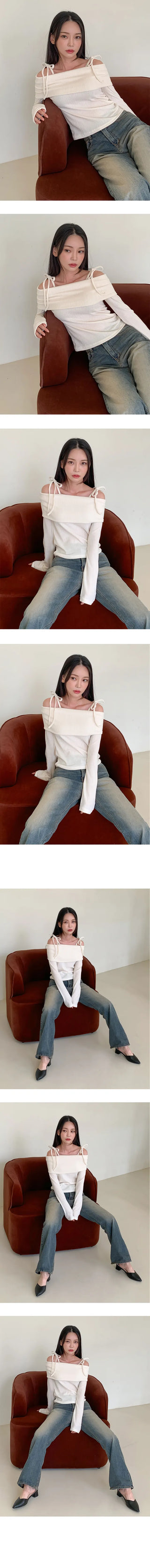 Ribbon tied muted off shoulder long sleeve top