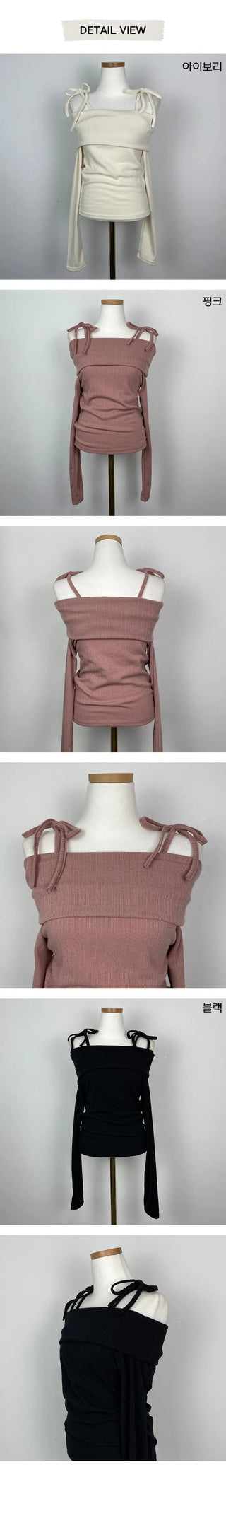 Ribbon tied muted off shoulder long sleeve top