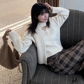 Knit V neck Muffler Set Knit Cardigan