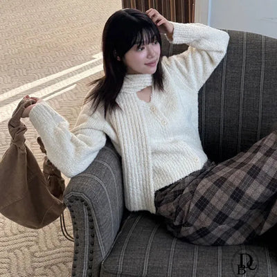 Knit V neck Muffler Set Knit Cardigan
