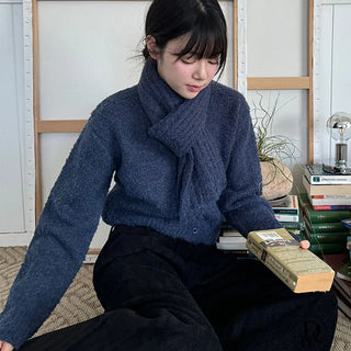 Knit V neck Muffler Set Knit Cardigan
