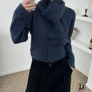 Knit V neck Muffler Set Knit Cardigan