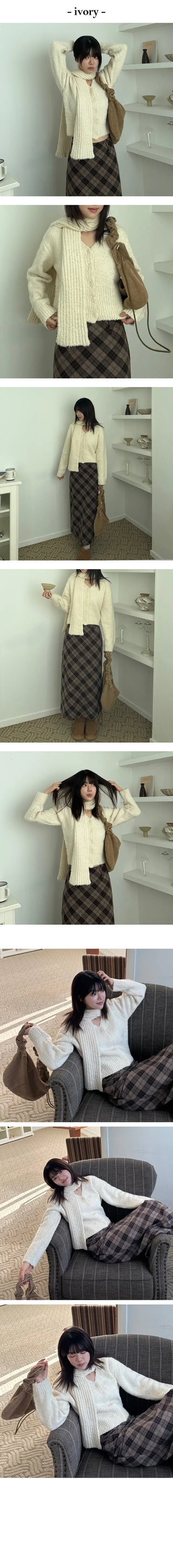 Knit V neck Muffler Set Knit Cardigan