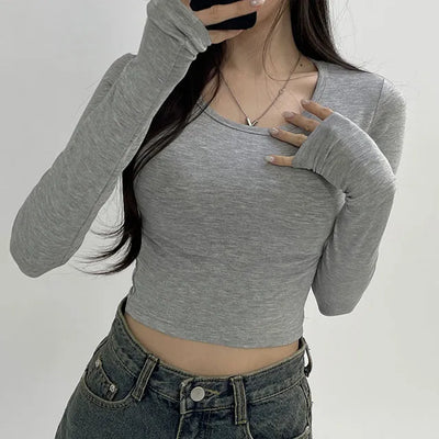 Plain Span Round Long Sleeve T Shirt