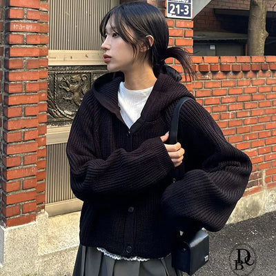 Slow Knit Hooded Zip Up Cardigan
