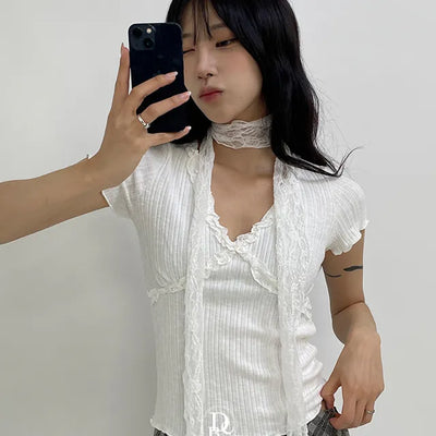 V neck Golji Lace Short Sleeve T shirt