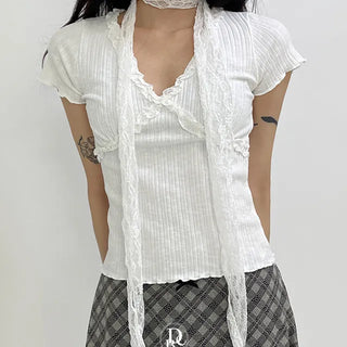 V neck Golji Lace Short Sleeve T shirt