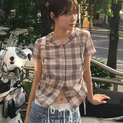 Check Hooded Short Sleeve Shirt