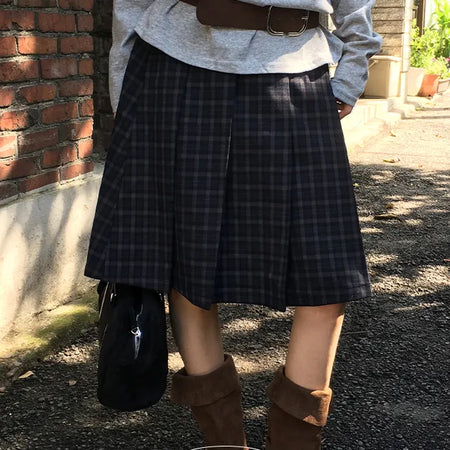 Lori check pleated midi skirt