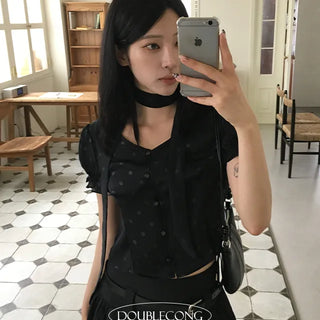Dot Tie Puff Blouse