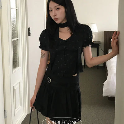 Dot Tie Puff Blouse