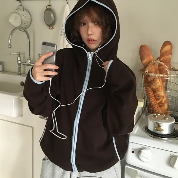 Teddy Bear Color Block High Neck String Hooded Fleece Zip Up