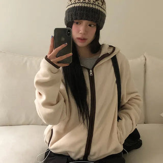 Teddy Bear Color Block High Neck String Hooded Fleece Zip Up
