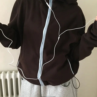 Teddy Bear Color Block High Neck String Hooded Fleece Zip Up
