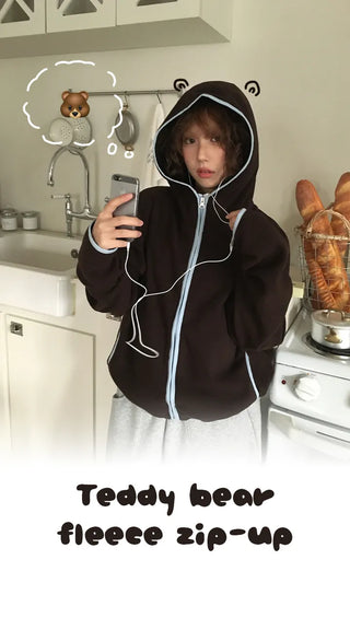 MADE Teddy Bear Color Block High Neck String Hooded Fleece Zip Up