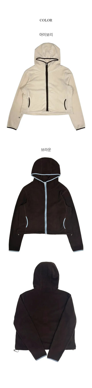 Teddy Bear Color Block High Neck String Hooded Fleece Zip Up