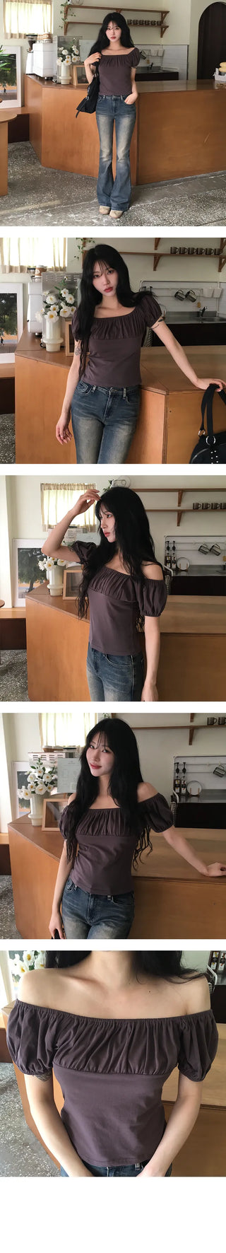 Bizet Shirring Off Shoulder Short Sleeve